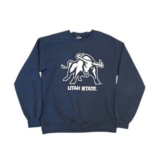 Utah State Navy Graphic Sweatshirt Bull Logo 50/50 Size Medium