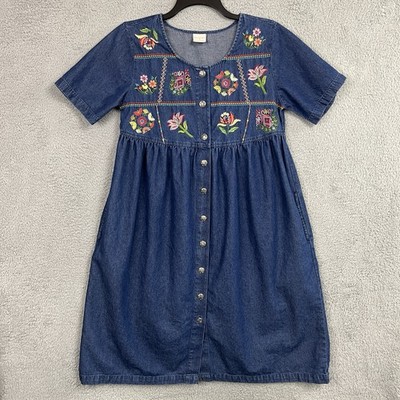 Bechamel Patio Denim House Dress Muumuu Small Button Up Floral Embroidery Pkts