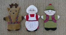 Christmas Holiday Corduroy Hand Puppets set of 3 Mrs. Claus Reindeer Elf