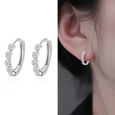925 Sterling Silver Heart CZ Huggie Hoop Piercing Earrings 14mm Women Girl M
