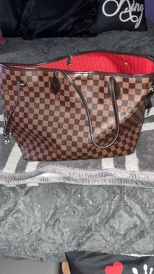 Louis Vuitton Damier Ebene Brown Checkered Tote Bag Red Interior Women's