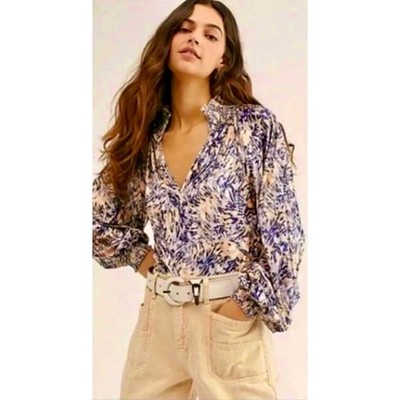 FREE PEOPLE Smocked Crushed Velvet Top Blouse Go Get 'Em Tiger Animal Small