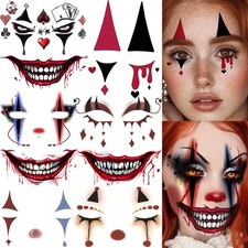 9 Sheets Evil Clown Face Temporary Tattoos Scary Bloody Mouth Tattoos Hallowe...