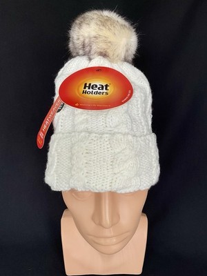 HEAT HOLDERS Women's Cable Knit Roll Up Hat Pom Pom Buttercream Cream One Size