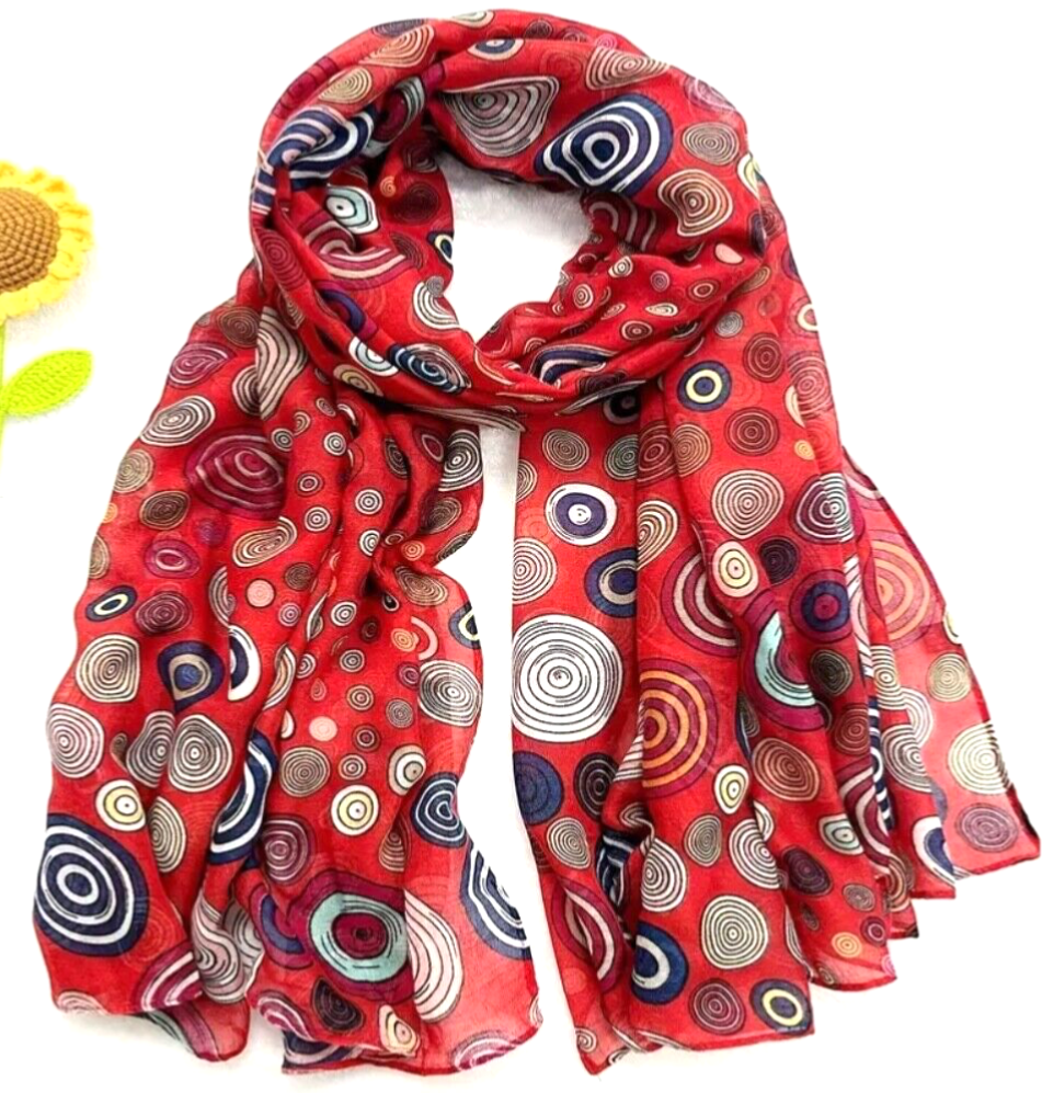 Breathable Red Cotton Circle Print Scarf Elegant Thin Shawl for Everyday Wear-image
