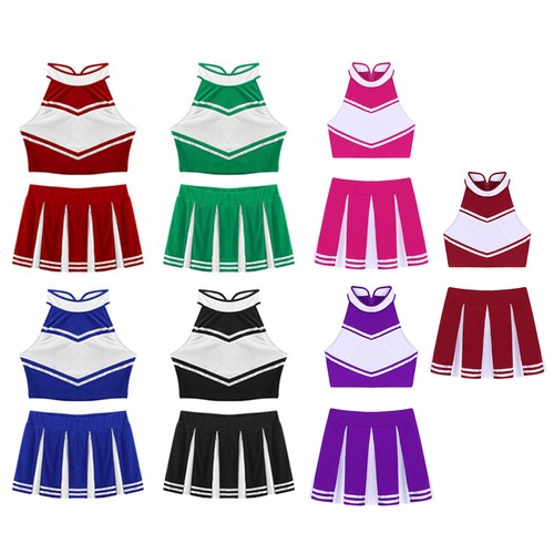 Womens Cheer Leader Uniform Crop Top with Skirt School Girls Roleplay Costume - Picture 3 of 82