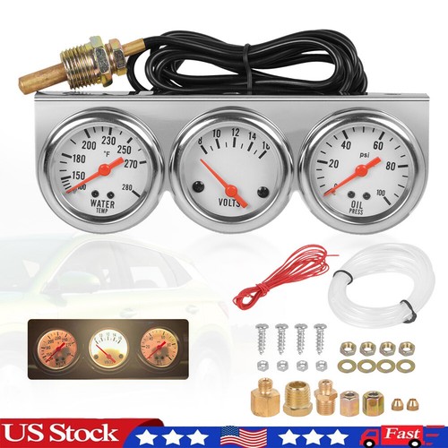 Triple Gauge Set Water Temp Oil Pressure Volt Meter 2'' 52mm Mechanical Chrome - Picture 5 of 12