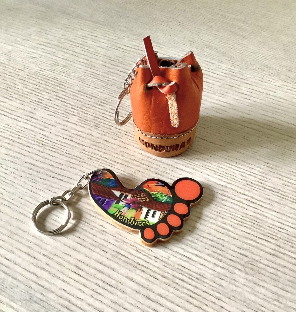 SET OF 2 HONDURAS HANDMADE KEY CHAINS - WOOD AND LEATHER MATERIAL