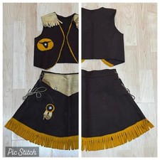 Vtg 1950's 2pc Kids Vest and Skirt Brown Leather Trim Fringe Bulls Head Western