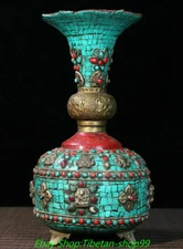 12.5" Old Tibet Copper inlay Silver Turquoise 8 Treasures Buddha Bottle Vase