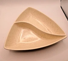 MCM Santa Anita California Divided Cream Speckled Pottery Dish 9x9 VIntage