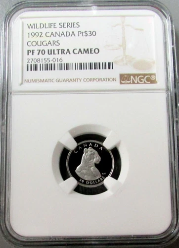 1992 PLATINUM CANADA COUGAR 1,000 MINTED NGC PROOF 70 UC $30 WILDLIFE COIN