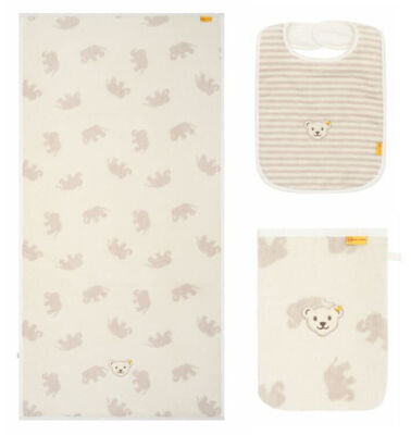 Steiff Baby Geschenkset Handtuch, Lätzchen & Waschlappen (Elefant & Streifen)