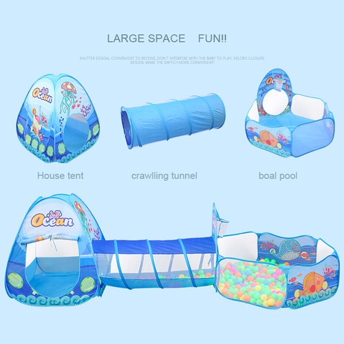 Kids 3 In 1 Play Tent Crawl Tunnel Pop Up Playhouse Ball Pit Folding Play Tent - Picture 23 of 31