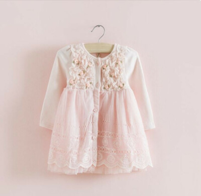 Neu Spitze Blume Langarm Party rosa Baby Mädchen Kleid Kinder Hochzeit Kleidung UK