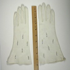 Women Gloves Size 6.5 NARROW White Leather 10 In Rhinestone Cocktail Stain Hole