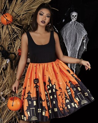 Halloween Dress Print Women Party Pumpkin Swing Sleeve Dresses Long Costume  | eBay