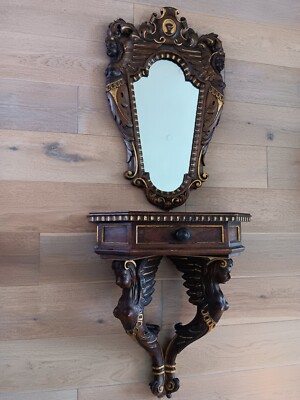 STUNNING CARVED EGYPTIAN REVIVAL CONSOLE TABLE W/MIRROR,DRAWER & WINGED LADIES