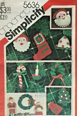 1980's VTG Simplicity Crochet Christmas Ornaments,Santa Doll,Wreath Pattern 5636