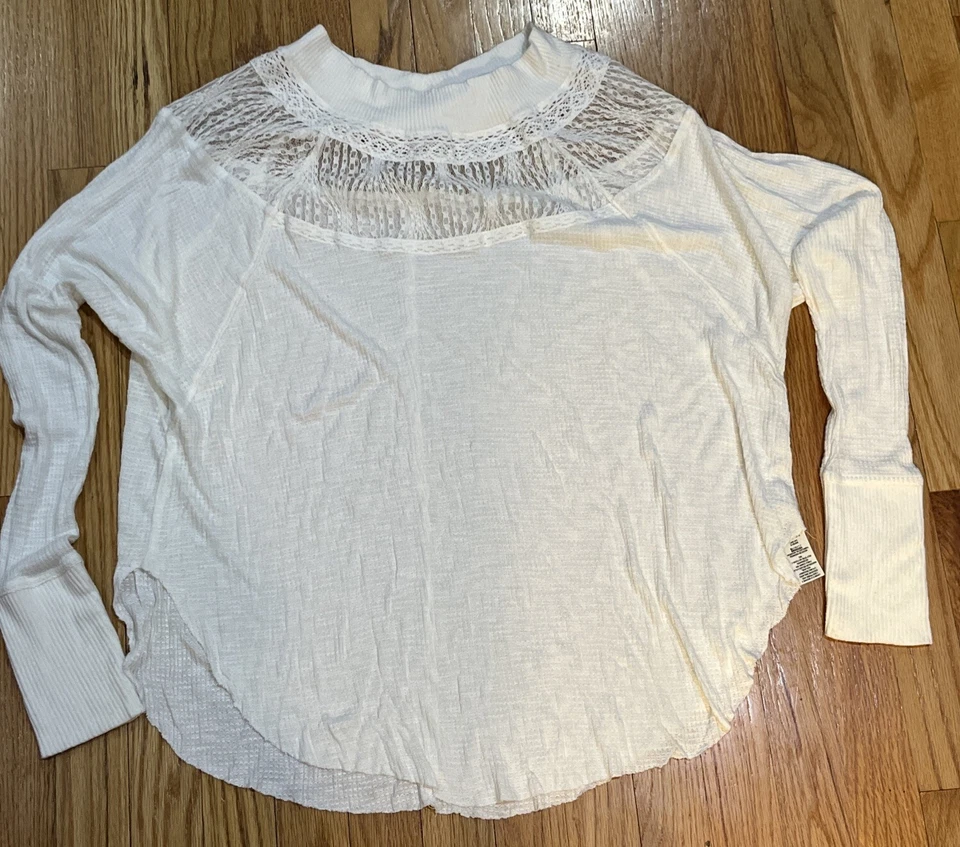 Free people ivory spring valley lace trim thermal top boho style size S Petite