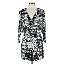 Parker Catalina Womens Faux Wrap Mini Dress Black White Gazette Print size Small