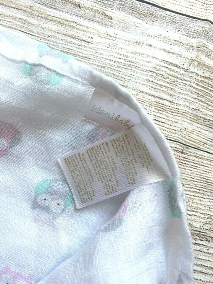 Идеальное детское пеленальное одеяло с принтом совы розовое белое зеленое серое муслиновое б/у в отличном состоянии - Изображение 3 из 3