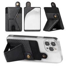 PU Leather Credit Card Wallet Holder Stick-On Cell Phone Adhesive Pouch w/ Stand