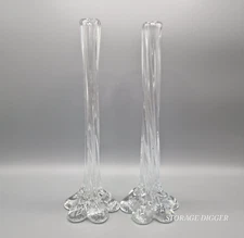 Vintage Clear Glass Elegant Bud Vase 11" Twisted Ribbed with Petal Base Set of 2