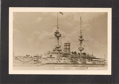 REAL-PHOTO POSTCARD:  H.M.S. MAJESTIC - BRITISH NAVY PRE-DREADNOUGHT BATTLESHIP