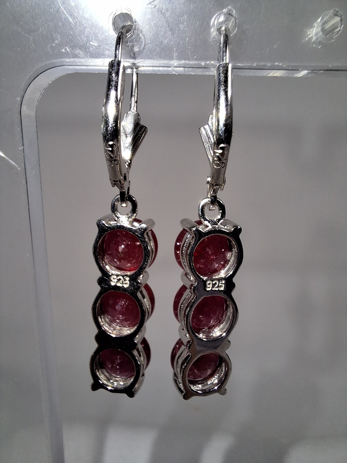 Sterling Silver 3 Ruby Dangle Lever Back Earrings - image 4