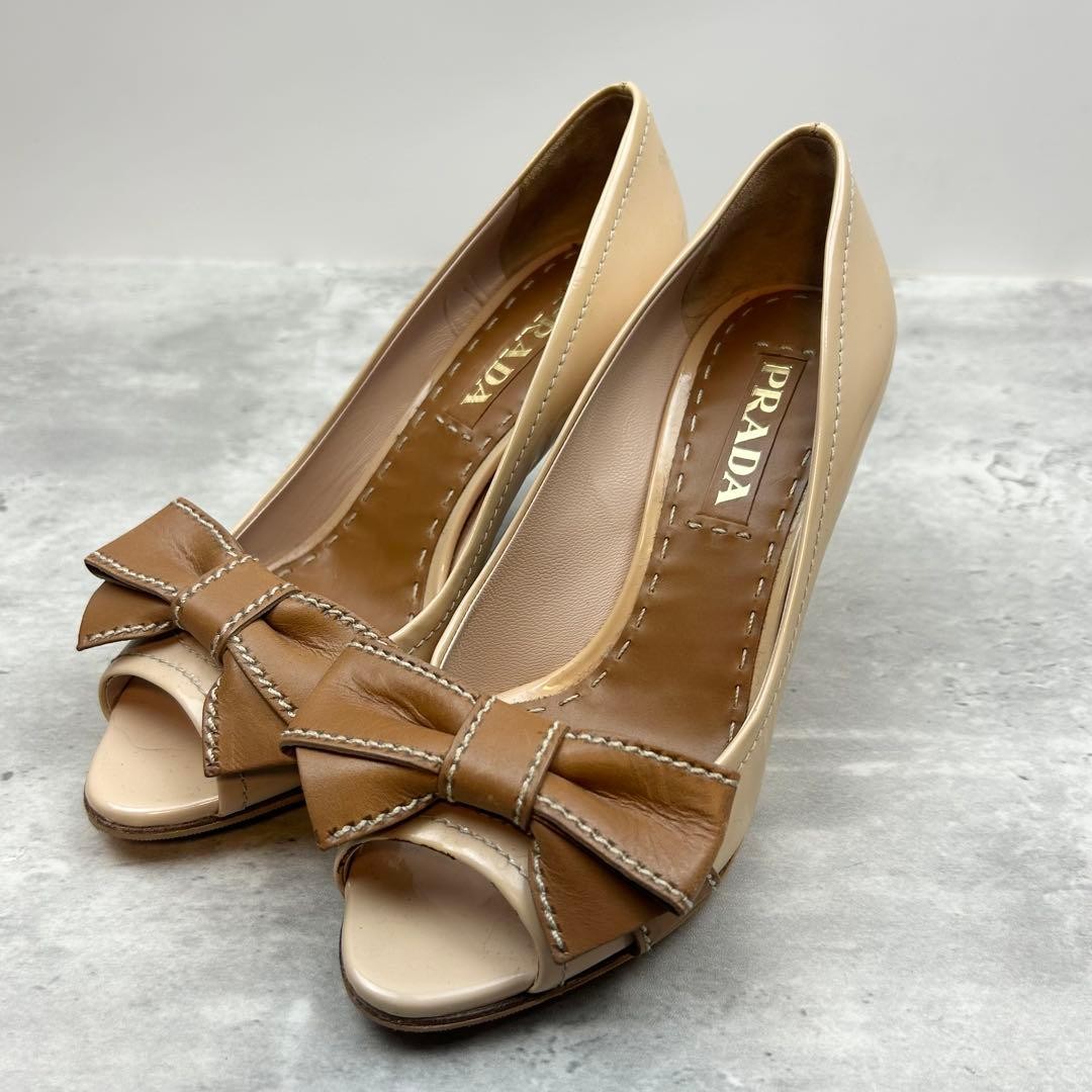Prada Open Toe High Heel Pumps Ribbon Leather Enamel Beige Size EU35.5 US5.5