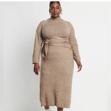 ELOQUII Turtleneck Knit Maxi Dress Wrap Belt Slit Beige Women's Plus Size