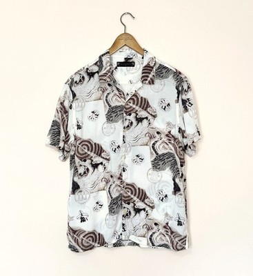 All Saints Herren AKITA Hawaiihemd MEDIUM Weiß Strand Tiger Kurzarm Japan