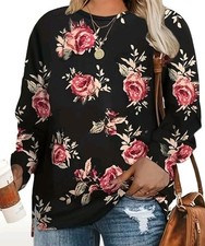VGC Temu Stretch Jersey Black Floral Rose Print Long Sleeve Tunic Top Sze 26 5XL
