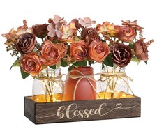 3 Pcs Mason Jar Table Centerpieces for Dining Room with Wood Tray Led Light