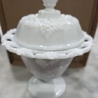 Vintage Indiana Open Lace Milk Glass Harvest Grape Footed Compote & Lid