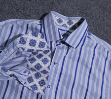 Robert Graham Shirt Mens Large Blue Striped Club Flip Cuff Button Up Trim Print