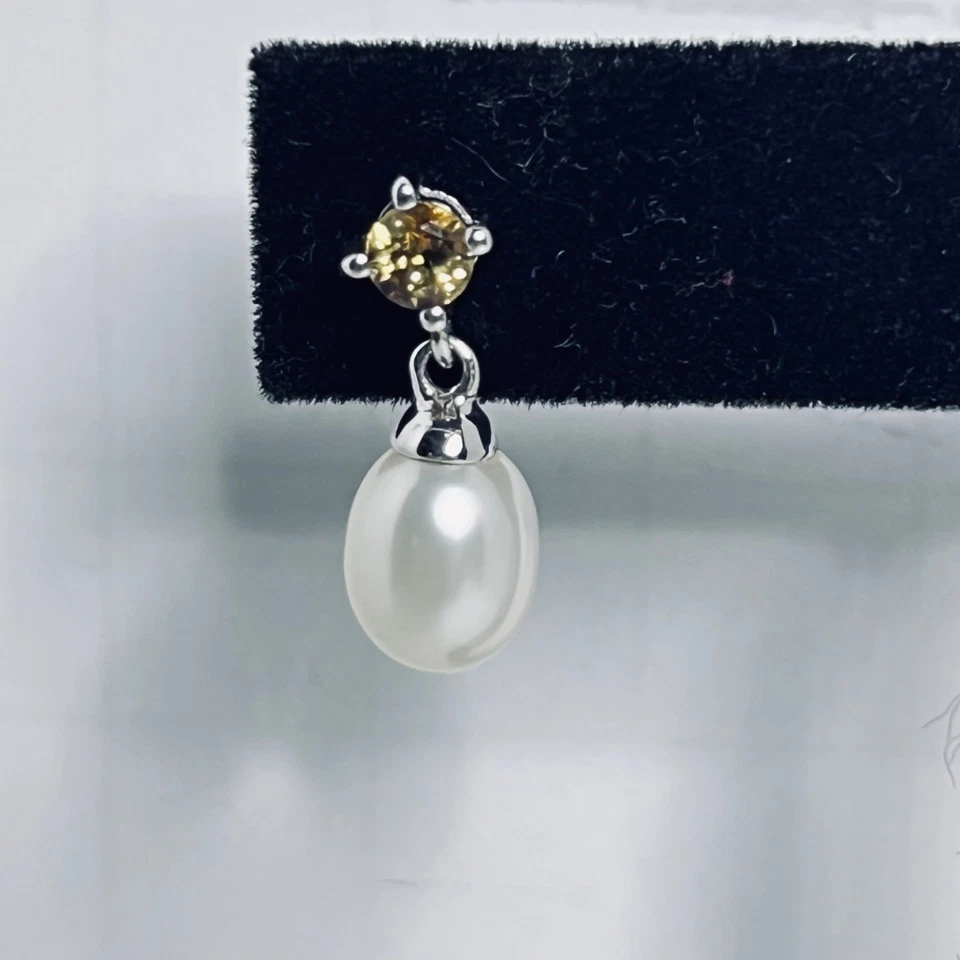 Pendientes Honora de plata de ley con perlas blancas de agua dulce y piedra citrina (5980) Foto 3 de 4