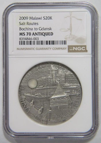 MALAWI SILVER 20 KWACHA SALT ROUTES SERIES BOCHINA GDANSK NGC MS70 ANTIQUED