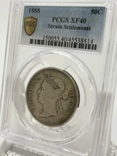1888 Straits Settlements Silver Half Dollar 50C - PCGS XF40