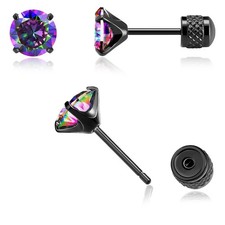 Hypoallergenic Threadless Push Black Rainbow CZ Flat Back Stud Earrings 4mm