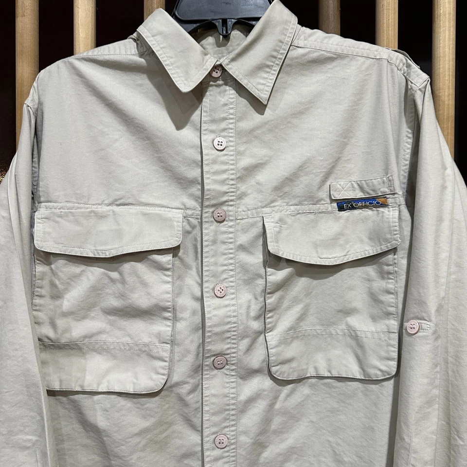 Ex Officio Shirt Men Medium Beige Travel Wear Long Sleeve Outdoor Safari Pockets - Image 2 of 4