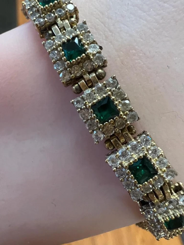 Genuine Green Tourmaline 14K Gold on SOLID 925 Bracelet REAL White Sapphire - Image 4 of 4