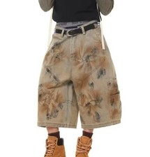 Men's Khaki Cotton Retro Denim Wide Straight Leg Casual Pants Summer Shorts Punk