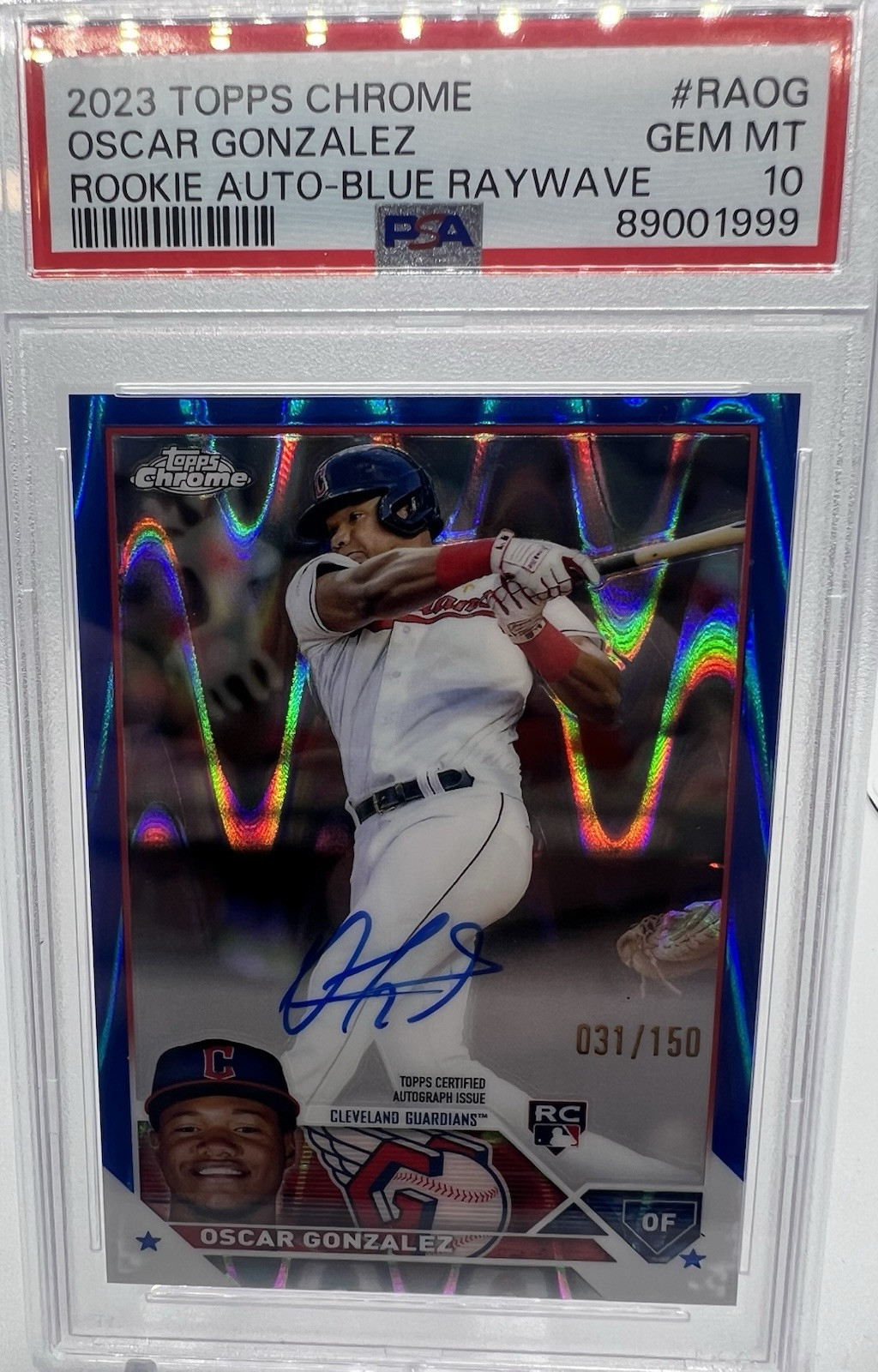 2023 Topps Chrome-#RA-OG Oscar Gonzalez Auto (RC) Blue Raywave /150 PSA 10!