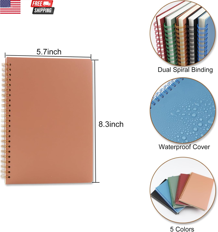 5 Pack Spiral Notebooks 8.3" X 5.7", 80 Sheets College Ruled Notebook ...