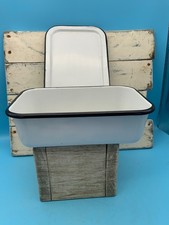 Vintage White Enamelware Storage Container w/Lid & Black Trim, 10