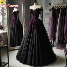Black Gothic Wedding Dresses Off Shoulder Long Sleeves Lace Applique Bridal Gown