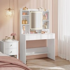Vanity Desk with Power Outlets, Makeup Vanity with Mirror and Lights, LED Lights
