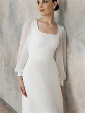 Simple Chiffon Wedding Dress Square Neckline, Tea Length Reception Bride Dress